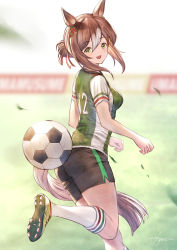 Rule 34 | 1girl, :d, animal ears, ass, ball, black shorts, blurry, blurry background, blush, breasts, day, depth of field, fine motion (umamusume), from behind, green eyes, green footwear, hair bun, hair ornament, highres, horse ears, horse girl, horse tail, jersey, kneehighs, leg up, long hair, looking at viewer, looking back, medium breasts, mugen kageno, multicolored hair, open mouth, outdoors, shoes, short sleeves, shorts, sidelocks, single hair bun, smile, soccer, soccer ball, socks, solo, tail, two-tone hair, umamusume, white hair, white socks