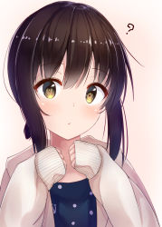 Rule 34 | 1girl, ?, alternate costume, black hair, blue dress, blush, brown background, brown eyes, brown hair, closed mouth, commentary request, dress, fubuki (kancolle), green eyes, hair between eyes, highres, hood, hood down, hooded jacket, jacket, kantai collection, long sleeves, looking at viewer, low ponytail, minarai shachou, open clothes, open jacket, polka dot, polka dot dress, ponytail, short ponytail, sidelocks, simple background, sleeves past wrists, solo, upper body, white jacket