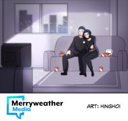 Rule 34 | 1boy, 1girl, arms around neck, beanie, black eyes, black hair, black headwear, black legwear, black pants, black shirt, can, choker, cigarette, couch, doomer, doomer girl, drink can, facing viewer, fast food, full body, hat, highres, indoors, merryweather, midriff peek, original, pants, rain, rug, shirt, sitting, smile, smoking, socks, soda can, television, watching television, window