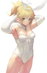 Rule 34 | 1girl, animal costume, armpits, arms up, bare legs, bare shoulders, blonde hair, braid, breasts, cleavage, closed mouth, collar, elbow gloves, fate/apocrypha, fate (series), french braid, gloves, green eyes, highres, leotard, long hair, looking at viewer, mordred (fate), mordred (fate/apocrypha), otsukemono, parted bangs, playboy bunny, ponytail, rabbit costume, rabbit ears, revision, scrunchie, sidelocks, small breasts, solo, white collar, white gloves, white leotard, white scrunchie