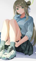 Rule 34 | 1girl, black skirt, black socks, blonde hair, blue archive, blue shirt, blush, breasts, closed mouth, collared shirt, green eyes, hair bun, halo, hands under legs, highres, id card, knees up, lanyard, large breasts, legs together, long hair, long sleeves, looking at viewer, nonomi (blue archive), plaid, plaid skirt, pleated skirt, poligon (046), raised eyebrows, shadow, shirt, shoes, sidelocks, signature, simple background, single side bun, sitting, skirt, smile, sneakers, socks, solo, straight hair, swept bangs, white background, white footwear