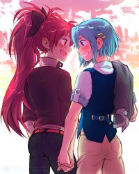 Rule 34 | 10s, 2girls, ass, blue eyes, blue hair, blush, casual, commentary, couple, denim, eye contact, fang, forehead-to-forehead, from behind, grin, hair ornament, hair ribbon, hairpin, heads together, holding hands, jacket, jacket on shoulders, jacket over shoulder, unworn jacket, jeans, long hair, looking at another, mahou shoujo madoka magica, mahou shoujo madoka magica (anime), mahou shoujo madoka magica movie 1 &amp; 2, miki sayaka, multiple girls, pants, pink hair, red eyes, ribbon, sakura kyoko, short hair, sideways mouth, sleeves pushed up, sleeves rolled up, smile, sparklenaut, vest, yuri