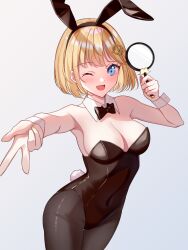 Rule 34 | 1girl, animal ears, bare shoulders, black bow, black bowtie, black leotard, black pantyhose, blonde hair, blue eyes, blush, bob cut, bow, bowtie, breasts, cleavage, covered navel, detached collar, fake animal ears, fake tail, hair ornament, highleg, highleg leotard, highres, hololive, hololive english, leotard, looking at viewer, medium breasts, one eye closed, open mouth, pantyhose, playboy bunny, rabbit ears, rabbit tail, shirase rin, short hair, smile, solo, strapless, strapless leotard, tail, virtual youtuber, watson amelia, white background, wrist cuffs