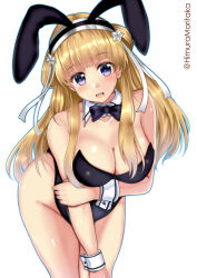 Rule 34 | 1girl, absurdres, alternate costume, animal ears, black leotard, blonde hair, bow, bowtie, breasts, cleavage, detached collar, double bun, fake animal ears, fletcher (kancolle), hair bun, hair ornament, highres, himura moritaka, kantai collection, large breasts, leotard, long hair, looking at viewer, off shoulder, open mouth, playboy bunny, purple eyes, rabbit ears, rabbit tail, side-tie leotard, smile, solo, star (symbol), star hair ornament, strapless, strapless leotard, tail, wrist cuffs