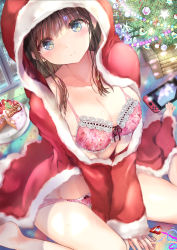 Rule 34 | 1girl, absurdres, arm support, arms between legs, bare legs, barefoot, black bow, black eyes, black hair, blush, bow, bow panties, bra, breasts, breasts squeezed together, cake, christmas ornaments, christmas tree, cleavage, collarbone, confetti, floral print, food, fruit, hair between eyes, highres, hood, hooded jacket, hoodie, indoors, jacket, lace, lace-trimmed bra, lace trim, large breasts, long sleeves, looking at viewer, nintendo switch, ogata tei, original, panties, party popper, pink bra, pink panties, red hoodie, red jacket, ribbon-trimmed bra, sitting, sliding doors, smile, solo, strawberry, strawberry cake, underwear, underwear only, wariza