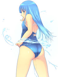 Rule 34 | 1girl, ass, bad id, bad pixiv id, barclays premier league, blue eyes, blue hair, blush, from behind, long hair, manchester city fc, matching hair/eyes, one-piece swimsuit, original, personification, pinky out, simple background, soccer, solo, star (symbol), swimsuit, water, wet, yoko juusuke