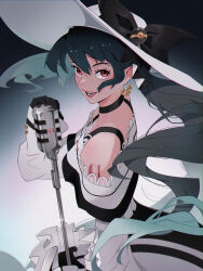 Rule 34 | 1girl, absurdres, bclarissart, black bow, black choker, black gloves, bow, choker, creatures (company), dark miku (project voltage), earrings, game freak, gloves, hat, hat bow, hatsune miku, highres, holding, holding microphone, jewelry, long hair, long sleeves, looking at viewer, luxury ball, microphone, nintendo, off shoulder, open mouth, poke ball, pokemon, project voltage, red eyes, twintails, umbrella, very long hair, vocaloid