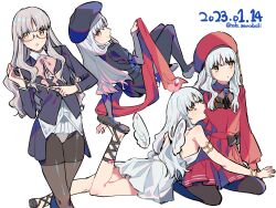 Rule 34 | 4girls, ancient greek clothes, angel wings, black bow, black headwear, black pantyhose, bow, caren fujimura, caren hortensia, caren hortensia (amor caren), caren hortensia (amor caren) (first ascension), caren hortensia (amor caren) (second ascension), commentary request, detached wings, dress, fate/grand order, fate/hollow ataraxia, fate/requiem, fate (series), glasses, greco-roman clothes, hat, highres, holding, holding pointer, multiple girls, multiple persona, no pants, noko morokoshi, panties, panties under pantyhose, pantyhose, pleated skirt, pointer, red headwear, red skirt, sandals, shroud of magdalene, skirt, smile, underwear, white dress, white hair, white wings, wings, yellow eyes