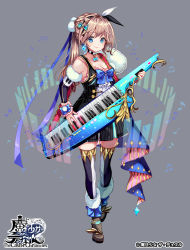 Rule 34 | 1girl, bare shoulders, blue eyes, breasts, brown hair, cleavage, copyright name, dress, full body, grey background, hair ornament, holding, holding instrument, instrument, long hair, looking at viewer, medium breasts, official art, pisuke, pom pom (clothes), pom pom hair ornament, simple background, smile, solo, standing, the caster chronicles, thighhighs