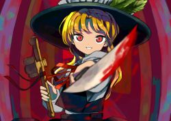 Rule 34 | 1girl, absurdres, black hat, black skirt, black vest, blonde hair, blood, bloody knife, cross, frilled hat, frills, hat, hat feather, highres, holding, holding cross, holding knife, jacket girl (dipp), knife, long hair, long sleeves, looking at viewer, neruzou, red eyes, red neckwear, red ribbon, ribbon, shirt, skirt, touhou, vest, white shirt