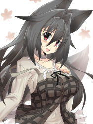 Rule 34 | 1girl, animal ears, black hair, blouse, breasts, brown eyes, commentary request, fang, goma (gomasamune), hair between eyes, hair intakes, hand on own chest, highres, large breasts, leaf, long hair, long sleeves, looking at viewer, maple leaf, open mouth, original, shirt, smile, solo, tail, translation request, upper body, white background