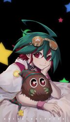 Rule 34 | absurdres, duel monster, dyed bangs, elbow rest, goggles, goggles on head, green hair, green pants, highres, kuriboh, looking at viewer, lying, male focus, multicolored hair, on stomach, orange shirt, pants, performapal kuribohble, red hair, sakaki yuuya, shirt, smile, star (symbol), starry background, two-tone hair, upper body, wudu c, yu-gi-oh!, yu-gi-oh! arc-v