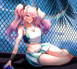 Rule 34 | 1girl, azur lane, bad id, bad pixiv id, bare shoulders, blue sky, blush, bottle, breasts, bremerton (azur lane), bremerton (scorching-hot training) (azur lane), chain-link fence, cloud, crop top, crop top overhang, day, fence, hair between eyes, hair ornament, hairclip, holding, holding racket, kuroha (rockluo213), large breasts, long hair, looking at viewer, multicolored hair, navel, official alternate costume, palm tree, pink hair, racket, shirt, sitting, skirt, sky, sleeveless, sleeveless shirt, sportswear, streaked hair, sweatdrop, tennis uniform, tree, twintails, two-tone shirt, two-tone skirt, water bottle, x hair ornament
