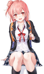 Rule 34 | 1girl, :d, backpack, bag, black jacket, black socks, blush, bow, breasts, brown hair, collared shirt, commentary request, dress shirt, emyo, feet out of frame, hair bun, highres, holding strap, jacket, long sleeves, looking at viewer, medium breasts, one side up, open clothes, open jacket, open mouth, panties, plaid, plaid skirt, pleated skirt, red bow, red eyes, school uniform, shirt, side bun, single hair bun, single side bun, sitting, skirt, smile, socks, solo, teeth, underwear, upper teeth only, white background, white panties, white shirt, yahari ore no seishun lovecome wa machigatteiru., yuigahama yui