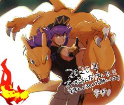 Rule 34 | 1boy, baseball cap, blue eyes, bright pupils, champion uniform, charizard, claws, closed mouth, commentary request, creatures (company), dark-skinned male, dark skin, facial hair, fire, flame-tipped tail, game freak, gen 1 pokemon, gloves, green eyes, hat, highres, leggings, leon (pokemon), long hair, looking at viewer, looking back, male focus, morio (poke orio), nintendo, partially fingerless gloves, pointing, pokemon, pokemon (creature), pokemon swsh, purple hair, short shorts, short sleeves, shorts, smile, translation request, white background, white legwear, white pupils, white shorts, yellow eyes