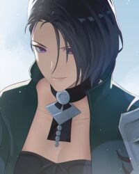 Rule 34 | 1girl, blue background, blue hair, breasts, choker, cleavage, fire emblem, fire emblem: three houses, highres, jacket, large breasts, looking at viewer, nintendo, pomelomelon, portrait, purple eyes, shamir nevrand, short hair, smile, solo, upper body