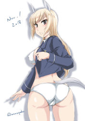 Rule 34 | 1girl, animal ears, ass, bikini, bikini under clothes, blonde hair, blue jacket, blue necktie, blush stickers, breasts, brown eyes, cameltoe, collar, commentary, cowboy shot, crotch seam, dated, detached collar, frown, horse ears, horse tail, jacket, large breasts, long hair, long sleeves, looking at viewer, looking back, marian e. carl, military, military uniform, necktie, no pants, noble witches, open clothes, open jacket, open mouth, panties, shadow, simple background, solo, standing, strike witches, swimsuit, tail, thighs, trefoil, twitter username, underwear, uniform, wan&#039;yan aguda, white background, white bikini, white collar, wing collar, world witches series