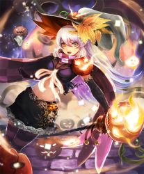 Rule 34 | 10s, 1girl, :d, artist request, cygames, elbow gloves, frilled skirt, frills, ghost, gloves, hair ornament, hat, leaf hair ornament, long hair, midriff, navel, necromancer, official art, open mouth, playful necromancer, pumpkin, ribbon, scarf, shadowverse, shingeki no bahamut, skirt, smile, staff, striped clothes, striped legwear, striped thighhighs, thighhighs, white hair, witch hat, yellow eyes