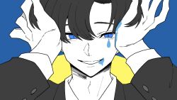 Rule 34 | 1boy, black hair, blue background, blue eyes, bright pupils, facepaint, hands in hair, long sleeves, looking at viewer, male focus, nanairo neko, paint, paint splatter, rock (tezuka osamu), shirt, short hair, simple background, smile, solo, star system, teardrop facial mark, two-tone background, upper body, villain (vocaloid), white pupils, white shirt, yellow background