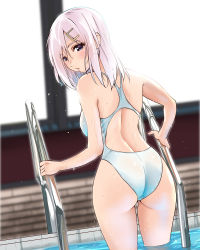 Rule 34 | 1girl, absurdres, blue eyes, competition swimsuit, cowboy shot, derivative work, dutch angle, from behind, hair ornament, hairclip, hamakaze (kancolle), highres, kantai collection, lips, looking at viewer, looking back, one-piece swimsuit, photo-referenced, pool ladder, sarfata, short hair, silver hair, solo, swimsuit, water, white one-piece swimsuit