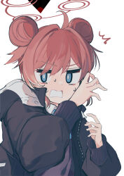 Rule 34 | 1girl, ahoge, black jacket, blue archive, blue eyes, blue necktie, collared shirt, double bun, hair bun, halo, highres, jacket, long sleeves, looking at viewer, maki (blue archive), necktie, open clothes, open jacket, open mouth, red hair, red halo, shirt, short hair, simple background, solo, tetuw, upper body, white background, white shirt