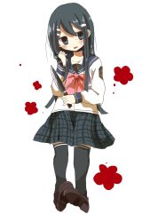 Rule 34 | 1girl, black eyes, black hair, black skirt, blood, blue sailor collar, blush, bow, bowtie, brown footwear, commentary request, danganronpa: trigger happy havoc, danganronpa (series), full body, hair ornament, hairclip, highres, holding, holding hair, holding knife, kitchen knife, knife, loafers, long hair, long sleeves, looking at viewer, maizono sayaka, manmi, nervous, open mouth, pink bow, pink bowtie, plaid, plaid skirt, pleated skirt, sailor collar, school uniform, serafuku, shirt, shoes, simple background, skirt, solo, sweatdrop, thighhighs, white background, white shirt, zettai ryouiki