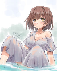 Rule 34 | 1girl, breasts, brown eyes, brown hair, cleavage, dated, dress, furutaka (kancolle), grey dress, kantai collection, kitagawa mikio, medium breasts, one-hour drawing challenge, partially submerged, short hair, sitting, solo, twitter username, water, wet, wet clothes
