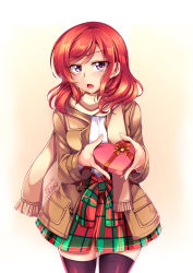 Rule 34 | 10s, 1girl, black theme, black thighhighs, blush, box, checkered clothes, checkered skirt, coat, dress, female focus, gift, gift box, heart, heart-shaped box, heart-shaped pupils, highres, holding, holding box, holding gift, jacket, long hair, long sleeves, looking at viewer, love live!, love live! school idol festival, love live! school idol project, nishikino maki, open mouth, purple eyes, red hair, scarf, short hair, signature, skirt, solo, symbol-shaped pupils, thighhighs, valentine, windart