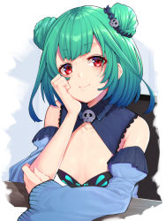 Rule 34 | 1girl, blue hair, breasts, closed mouth, detached sleeves, double bun, gradient hair, green hair, hair bun, hand up, hololive, juliet sleeves, long sleeves, looking at viewer, medium hair, mikan (chipstar182), multicolored hair, on chair, puffy sleeves, red eyes, sitting, small breasts, smile, solo, upper body, uruha rushia, uruha rushia (1st costume), virtual youtuber