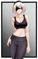 Rule 34 | 1girl, absurdres, angdo (kakajo26), bare arms, bare shoulders, black blindfold, black hairband, black tank top, blindfold, border, breasts, cleavage, collarbone, contrapposto, covered eyes, cowboy shot, crop top, facing viewer, gradient background, grey background, grey pants, hairband, highres, large breasts, medium breasts, midriff, mole, mole under mouth, navel, nier:automata, nier (series), outside border, pants, short hair, solo, stomach, sweatpants, tank top, white border, 2b (nier:automata)