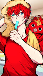 Rule 34 | 1boy, absurdres, after bathing, alternate hairstyle, animal, animal on shoulder, aqua eyes, bird, controller, drying, drying hair, eating, food, food in mouth, hair between eyes, highres, hizaki gamma, hizaki gamma (artist), holding, holding food, holding popsicle, holostars, indoors, looking at viewer, male focus, multicolored hair, orange hair, outline, penguin, popsicle, popsicle in mouth, purple hair, red hair, red shirt, remote control, shirt, short sleeves, solo, streaked hair, t-shirt, towel, towel around neck, towel on head, upper body, virtual youtuber, water drop, wet, wet hair, white outline