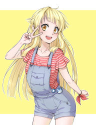 Rule 34 | 1girl, :d, ahoge, artifedex, artist name, badge, bang dream!, blonde hair, button badge, clenched hand, collarbone, commentary, cowboy shot, english commentary, highres, long hair, open mouth, overall shorts, overalls, red ribbon, red shirt, ribbon, round teeth, shirt, short sleeves, smile, solo, striped clothes, striped shirt, teeth, tsurumaki kokoro, upper teeth only, v over eye, wrist ribbon, yellow background, yellow eyes