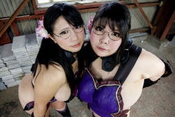 Rule 34 | 2girls, black hair, breasts, cattleya (queen&#039;s blade), cattleya (queen&#039;s blade) (cosplay), chouzuki maryou, cosplay, fat, flower, glasses, gloves, green eyes, hip focus, huge breasts, large breasts, luu (cosplayer), multiple girls, photo (medium), plump, queen&#039;s blade, thick thighs, thighs, wide hips