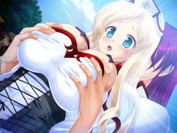 Rule 34 | 1boy, 1girl, black hair, blanc noir, blonde hair, blue eyes, blush, grabbing another&#039;s breast, breasts, bursting breasts, cleavage, cloud, corset, dutch angle, embarrassed, faceless, game cg, grabbing, hat, hetero, huge breasts, kuonji hodaka, long hair, looking down, open mouth, outdoors, parted bangs, purple hair, shirt, sky, sophitia (blanc noir), surprised, sweat, taut clothes, taut shirt, upper body
