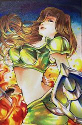 Rule 34 | 1girl, armor, boobplate, breastplate, breasts, brown hair, cowboy shot, duel monster, eyelashes, floating hair, green armor, green shorts, hair intakes, hair over one eye, highres, holding, holding sword, holding weapon, kanan the swordmistress, konnyakutarooou, long hair, marker (medium), medium breasts, pink eyes, red lips, shield, shorts, shoulder armor, solo, standing, sword, traditional media, weapon, yu-gi-oh!