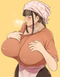 Rule 34 | 1girl, apron, artist name, breasts, breath, brown hair, chichi8181, closed eyes, collarbone, feet out of frame, hands on own breasts, hands up, highres, huge breasts, kotobuki haruna, lips, long hair, mature female, mole, mole under eye, open mouth, original, short sleeves, sidelocks, simple background, solo, tenugui, tongue, yellow background