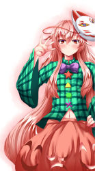 Rule 34 | 1girl, blush, bow, bowtie, bubble skirt, closed mouth, cowboy shot, expressionless, fox mask, hair between eyes, hand on own hip, hata no kokoro, highres, long hair, long sleeves, looking at viewer, mask, mask on head, navel, pink hair, pink skirt, plaid, plaid shirt, purple bow, purple bowtie, red eyes, shirt, sidelocks, skirt, solo, touhou, very long hair, wide sleeves, zan (harukahime)