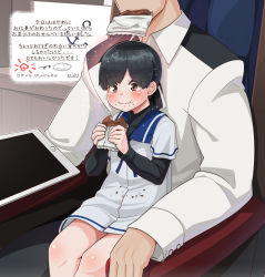 Rule 34 | 1boy, 1girl, admiral (kancolle), anchor, black hair, blue sailor collar, blush, brown eyes, cloud, commentary request, crumbs, dorayaki, drawing, dress, eating, eyes visible through hair, food, food in mouth, hair ribbon, hiburi (kancolle), holding, holding food, kantai collection, konoshige (ryuun), military, military uniform, naval uniform, no headwear, no headwear, ribbon, sailor collar, sailor dress, senbei, short hair, sitting, sitting on lap, sitting on person, sparkle, sun, tablet pc, translation request, uniform, wagashi, white ribbon
