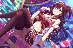 Rule 34 | 1girl, :3, ahoge, bare shoulders, blue eyes, blush, bow, breasts, brown hair, brown thighhighs, cleavage, collarbone, crossed legs, earrings, garter straps, hair bow, heart, heart necklace, highres, ichinose shiki, idolmaster, idolmaster cinderella girls, jewelry, long hair, looking at viewer, maitake (maitake1234), medium breasts, necklace, pearl necklace, red skirt, sitting, skirt, smile, solo, thighhighs, two side up, wavy hair, wrist cuffs