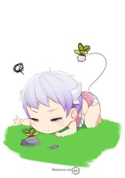 Rule 34 | 10s, 1girl, aged down, all fours, artist name, baby, blue eyes, bug, butterfly, closed mouth, dragon girl, dragon horns, grass, highres, horns, insect, kanna kamui, keiryuu seo, kobayashi-san chi no maidragon, purple hair, short hair, simple background, solo, tail, transparent background, wavy mouth, white background