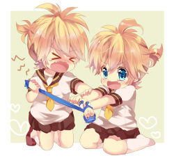 Rule 34 | &gt; &lt;, 2boys, ^ ^, ^q^, aged down, bad id, bad pixiv id, blonde hair, blue eyes, blush, clone, closed eyes, fang, full body, kagamine len, kaito (vocaloid), male focus, multiple boys, open mouth, puppet, sitting, tears, touyama soboro, vocaloid
