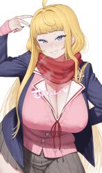 Rule 34 | 1girl, arm behind back, blonde hair, blue eyes, blue nails, breasts, cardigan, cleavage, covered erect nipples, dosanko gal wa namaramenkoi, fuyuki minami, hand up, highres, huge breasts, large breasts, long hair, looking at viewer, maruko tooto, nail polish, open clothes, pink cardigan, pleated skirt, red ribbon, red scarf, ribbon, scarf, simple background, skirt, smile, solo, steam, steaming body, very long hair, white background