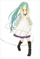 Rule 34 | ^ ^, ahoge, aqua hair, black socks, boots, cable, closed eyes, dress, full body, hatsune miku, headphones, kneehighs, long hair, simple background, sleeveless, smile, socks, solo, standing, textless version, twintails, vocaloid, white background, yoshito