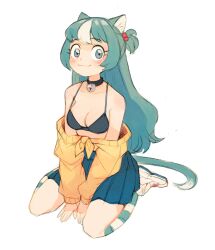 Rule 34 | 1girl, absurdres, animal ear fluff, animal ears, bare shoulders, bell, between legs, black collar, blue eyes, blue hair, blue skirt, blush stickers, breasts, cat ears, cat girl, cat tail, cleavage, closed mouth, collar, collarbone, full body, hair bobbles, hair ornament, hand between legs, highres, jacket, jingle bell, kneehighs, long hair, looking at viewer, multicolored hair, neck bell, off shoulder, one side up, original, pleated skirt, shoes, simple background, sitting, skirt, small breasts, smile, socks, solo, streaked hair, striped clothes, striped socks, sui (suizilla), tail, very long hair, wariza, white background, white footwear, white hair, yellow jacket