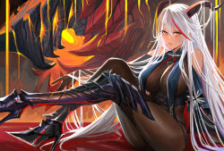 Rule 34 | 1girl, absurdly long hair, absurdres, aegir (azur lane), armored boots, asymmetrical footwear, azur lane, bare shoulders, black cape, bodystocking, boots, breast curtains, breasts, cape, cross, cross-laced clothes, cross earrings, demon horns, earrings, full body, hair between eyes, hair on horn, high heel boots, high heels, highres, horns, jewelry, kaki z3, knee boots, large breasts, long hair, looking at viewer, multicolored hair, non-humanoid robot, red hair, robot, robot animal, single knee boot, solo, streaked hair, two-tone hair, underbust, uneven footwear, very long hair, white hair, yellow eyes