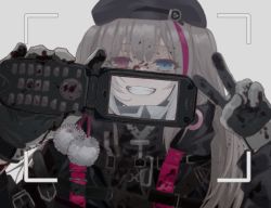 Rule 34 | 1girl, beret, black headwear, black jacket, blood, blood on clothes, blood on face, blue eyes, cellphone, commentary, girls&#039; frontline, gloves, grey background, hat, heterochromia, holding, holding phone, jacket, md5 mismatch, mdr (girls&#039; frontline), multicolored hair, phone, pink hair, rabb horn, silver hair, smile, streaked hair, upper body
