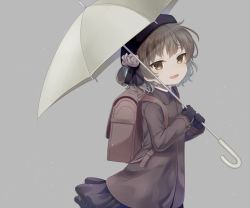 Rule 34 | 1girl, :d, backpack, bad id, bad pixiv id, bag, black gloves, black hat, black skirt, brown eyes, brown hair, brown jacket, commentary request, fang, flower, gloves, grey background, hair rings, hands up, hat, hatoba tsugu, head tilt, holding, holding umbrella, jacket, komachi pochi, long sleeves, looking at viewer, looking to the side, mole, mole under eye, muted color, navel, open mouth, pleated skirt, rose, skirt, smile, solo, umbrella, virtual youtuber, white flower, white rose, white umbrella