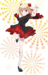 Rule 34 | 1girl, black footwear, blonde hair, floating hair, full body, grey socks, hair ornament, highres, iijima yun, kneehighs, leg up, long hair, looking at viewer, miniskirt, new game!, outstretched arm, pleated skirt, purple eyes, red skirt, shoes, skirt, socks, solo, stance, standing, standing on one leg, white background