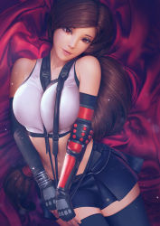 Rule 34 | 1girl, bare shoulders, black skirt, breasts, brown eyes, brown hair, elbow pads, final fantasy, final fantasy vii, final fantasy vii remake, fingerless gloves, gloves, large breasts, long hair, low-tied long hair, midriff, misusart, navel, parted lips, pencil skirt, pleated skirt, realistic, shirt, skirt, suspender skirt, suspenders, tank top, taut clothes, taut shirt, thighhighs, thighs, tifa lockhart