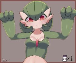 Rule 34 | 1girl, absurdres, arms up, artist name, bad id, bad pixiv id, blush, bob cut, border, bottle, breast expansion, breasts, brown background, brown border, closed mouth, collarbone, colored skin, creatures (company), female focus, game freak, gardevoir, gen 3 pokemon, green hair, green skin, hair between eyes, highres, looking down, milk bottle, moomoo milk, motion lines, multicolored skin, nintendo, outside border, pokemon, pokemon (creature), red eyes, ryuusui arumo, shiny skin, short hair, signature, simple background, small breasts, solo, sweat, two-tone skin, upper body, white skin